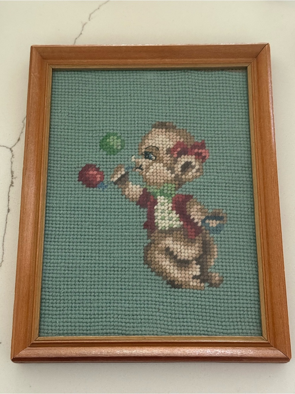 Vintage MCM Bear Blowing Bubbles Framed Needlepoint 9X7